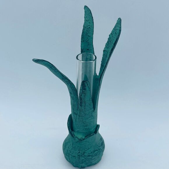 Vintage Verdigris Green Patina Metal Flower Stem Glass Tube Bud Vase - Picture 2 of 10